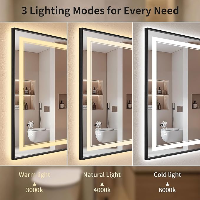 30"x60" LED Bathroom Mirror with Lights, Front & Backlit, Anti-Fog | Lighted Mirror with Dimmable, Aluminum Frame, 3 Color Temperature, CRI 90+, Touch Control with Memory, HD Tempered Glass