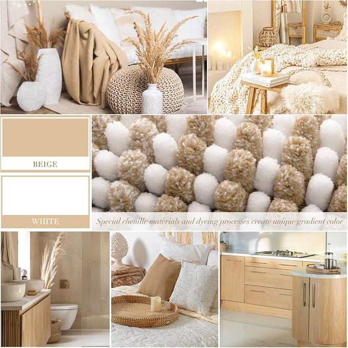 Bathroom Rugs and Mats Sets, 2 Piece Thick Absorbent Chenille Bath Mat Rug Set Non Slip, Soft Shaggy Bath Room Floor Mats for Bathroom, Machine Washable (Beige, 24" x 70" Plus 20" x 32")