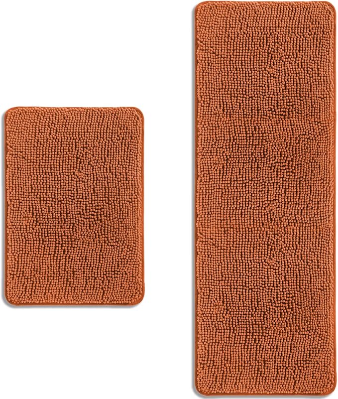 Bathroom Rugs Sets 2 Piece – Absorbent and Washable Bath Mat, Non-Slip, Thick Soft Chenille Bath Rugs for Bathroom Floor, Shower, Sink(17" x 24"+17" x 47", Burnt Orange)