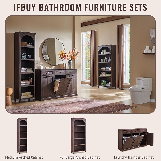 IFBUY Triple Tilt Out Laundry Hamper Cabinet, Trash Cabinet, Brown | 20 Gallon Farmhouse Trash Can Cabinet w/Drawers & Adjustable Shelf, Hidden Garbage Can Cabinets w/Laundry Basket for Bathroom
