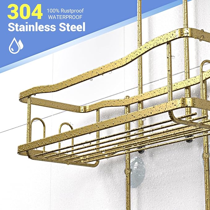 Hanging Shower Caddy Over Shower Head - No Drill Rustproof Shower Rack | Includes Soap Holder and Hooks for Shampoo, Conditioner, and Bathroom Essentials with Stable Storage in Any Shower Space