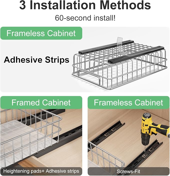 Pull out Cabinet Organizer, Stainless Steel 4-Pack Slide out Drawer with Silent Full-Extension Slides, Adhesive Roll out Can Spice Storage Basket Shelf Rack for Pantry, Kitchen, Bathroom, Home Closet