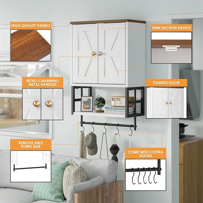 Bathroom Wall Cabinet, Farmhouse Medicine Storage with Towel Bar, White | 2 Doors, Adjustable Shelves & 5 Hooks. Space-Saving Wall Storage for Over Toilet, Laundry, Kitchen, Living Room