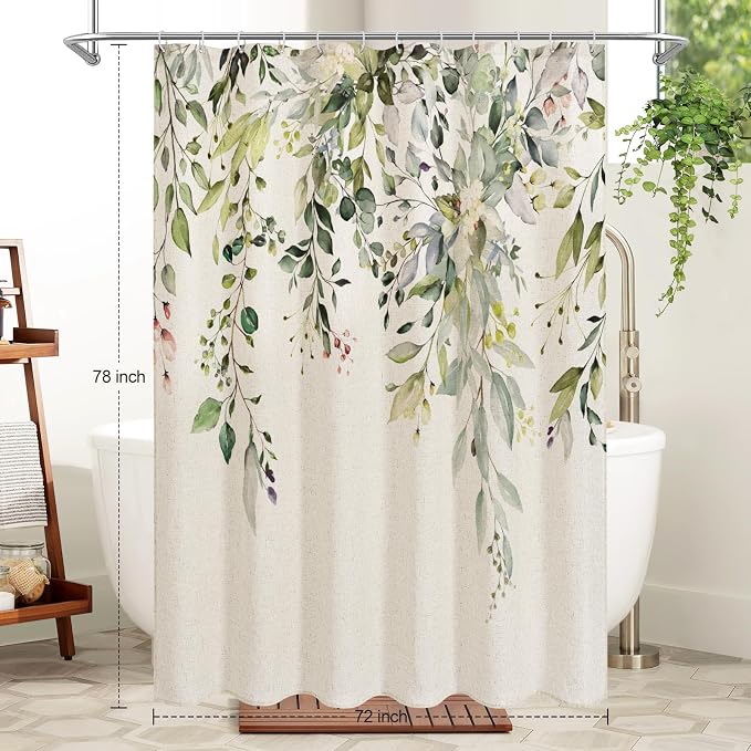 SageGreen Linen Eucalyptus Shower Curtain, Watercolor Floral, 72x78 | Watercolor Plant Leaves Floral Print, Polyester Linen Blend Bathroom Decor, Machine Washable, Rustproof Grommets