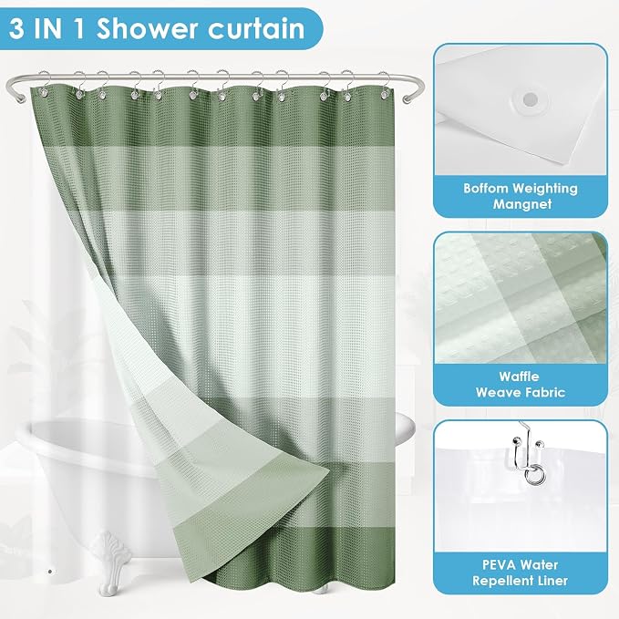 3 in 1 Shower Curtain and Liner,72 x 72 inch, Ombre Green | Striped Shower Curtain and PEVA Liner Set with 12 Rust-Resistant Metal Hooks, Waterproof Fabric Curtains for Bathroom
