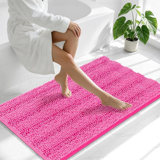 Smiry Thick Chenille Bathroom Runner Rugs 44x24, Soft Bath Mat, Hot Pink | Quick‑Dry & Machine Washable, Non‑Slip Bath Carpet, Striped Bath Rugs for Tub & Shower, Modern Home Decor Accessories