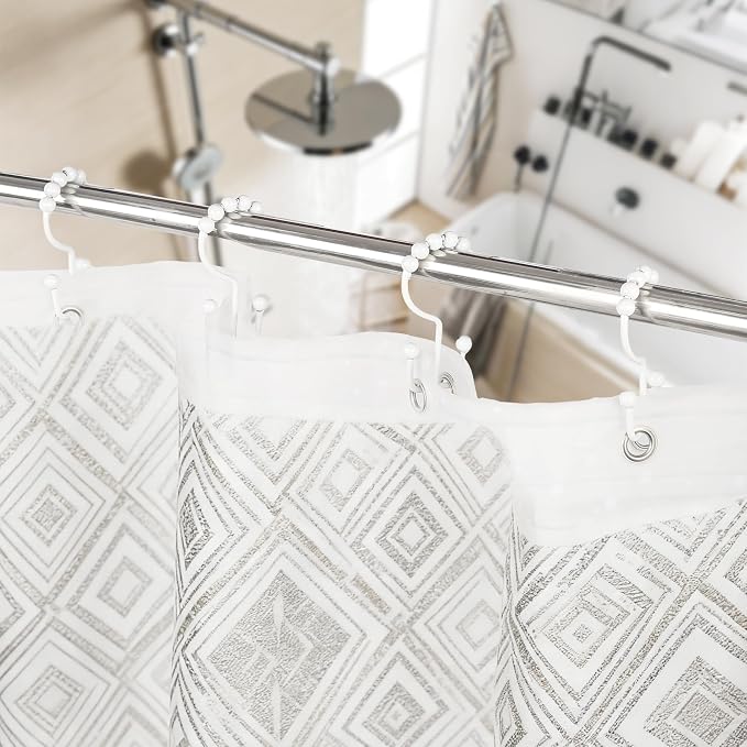 Resze Shower Curtain Hooks, Metal Double Shower Curtain Rings, White | Glide Roller Shower Hooks, Rust-Resistant Anti-Drop Shower Rings, Smooth Sliding Hooks for Bathroom Shower Rods Curtains