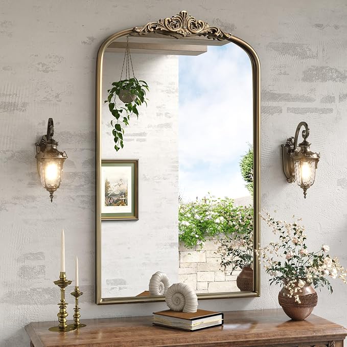 Antique Gold Arched Mirror, 24"x40" Bathroom Arched Wall Mirror | Vintage Gold Mirrors Over Sink, Ornate Arch Bronze Mirrors for Fireplace, Living Room, Entryway, Vanity, Hanging or Leaning