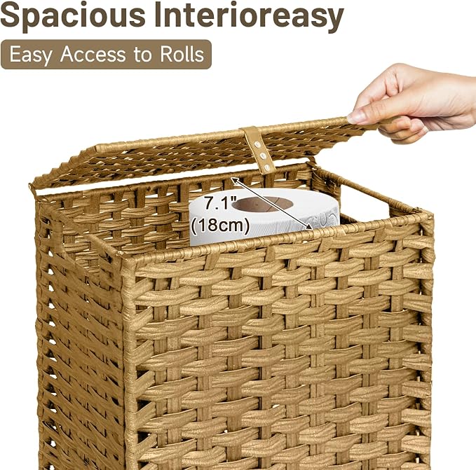 Hiagnete Toilet Paper Storage Basket with Lid and Wheels, Rattan Toilet Paper Holder Storage, Toilet Paper Organizer for Bathroom, Bedroom, Kitchen, 12.6”L x 7.1”W x 17.14”H, Naturall