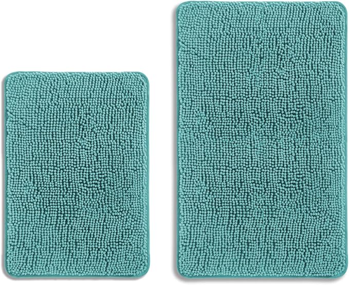 Teal Bathroom Rugs Sets 2 Piece – Absorbent and Washable Bath Mat, Non-Slip, Thick Soft Chenille Bath Rugs for Bathroom Floor, Shower, Sink - 17" x 24"+20" x 32"