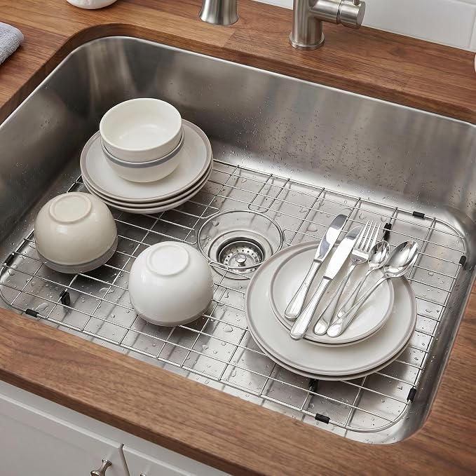 LQS Kitchen Sink Bottom Grid and Sink Protector, Sink Rack for Bottom of Grid 26" x 14" with Center Drain Hole for Handmade Single Bowl, Stainless Steel Sinks Grid, Kitchen Sinks Grate