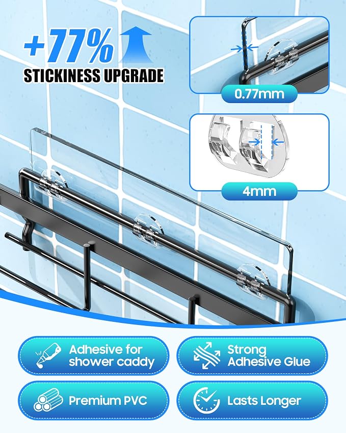 9 Pack Shower Caddy Adhesive Replacement, Strong Waterproof Transparent Adhesive Strips, No Drilling Shower Shelf Adhesive Hooks for Bathroom Shelves, Corner Basket, Soap Holder & Kitchen Racks