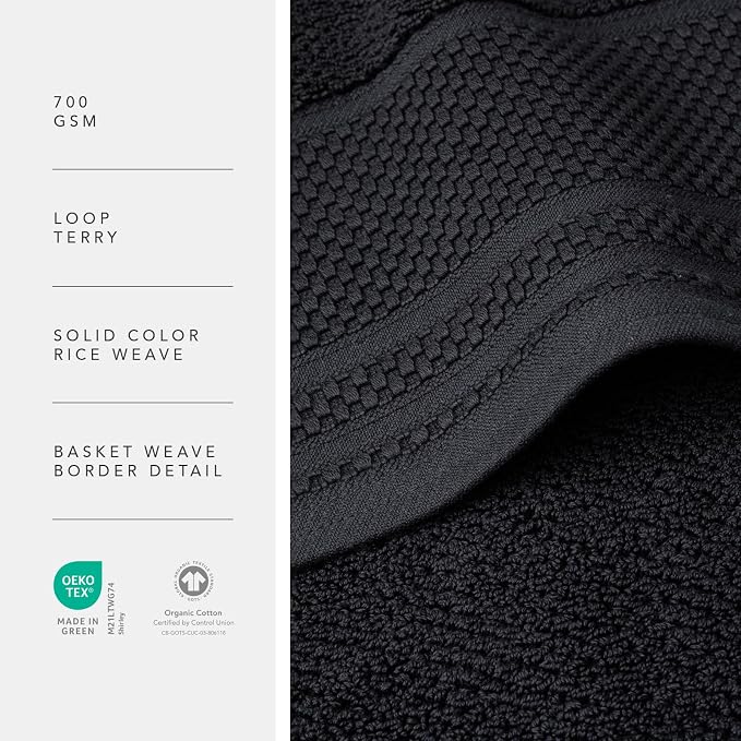 Texere 100% Organic Cotton Rice Weave Jacquard 700 GSM Luxury Bath Towel Sets - Ultra Soft and Absorbent Hotel and Spa Quality (Rice Weave, Black, 2 Bath & 2 Hand Towels)