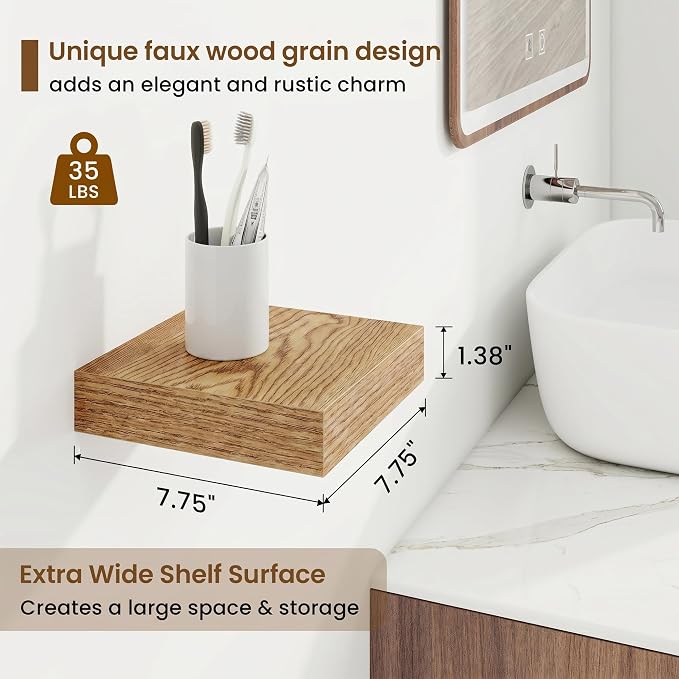Marsmiles 8in Depth Floating Shelves, 8x8x1.4, Light Brown, Set of 3 | Small Wall Mounted Square Shelves, Engineered Wood, Invisible Brackets, Living Room, Bedroom, Bathroom, Kitchen Decor