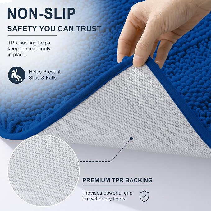 Smiry Thick Small Chenille Bathroom Rugs 24x16, Bath Mat, Deep Navy Blue | Quick‑Dry & Machine Washable, Non‑Slip Bath Carpet, Soft Striped Bath Rugs for Tub & Shower, Modern Home Decor Accessories