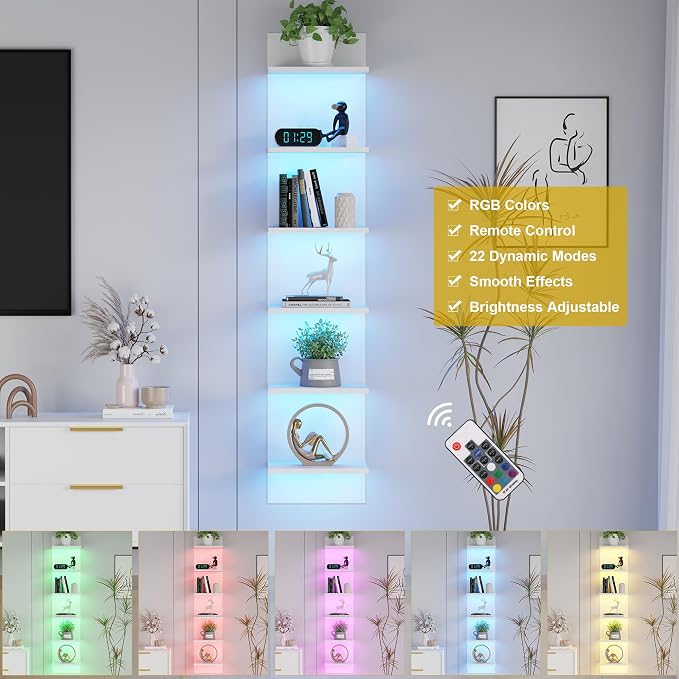 Qupui 6-Tier Wall Shelf with RGB LED, 57" Floating Storage, White | RGB 16 Million Colors, 22 Modes, 6 Brightness. Waterproof Particleboard. Each Tier Holds 10 Lbs. Wall-mounted. For Bedroom