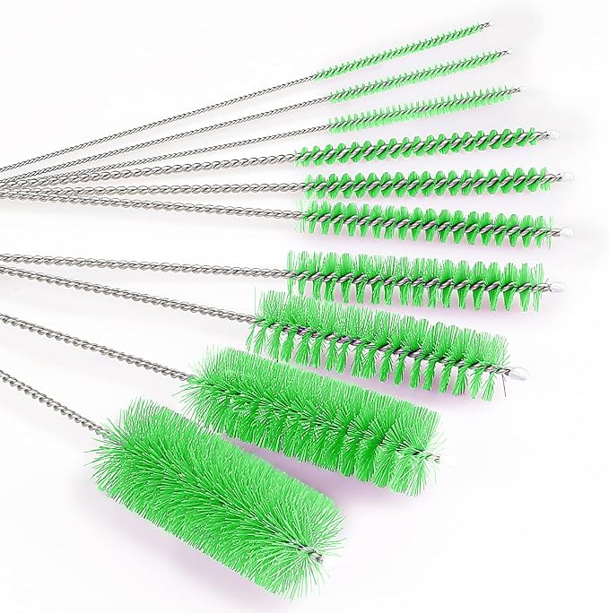 CiaraQ Bottle Cleaning Brushes, 8 Inch Nylon Tube Brush Set | Green Cleaner for Narrow Neck Bottles Cups with Hook, Set of 10pcs.