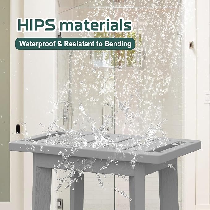 Waterproof HIPS Shower Bench for Inside Shower, Shower Stool, Grey | For seating and leg shaving, Wood-Look texture, Easy care, Non-slip leveling feet, Storage shelf, Indoor/Outdoor use, 350 lb