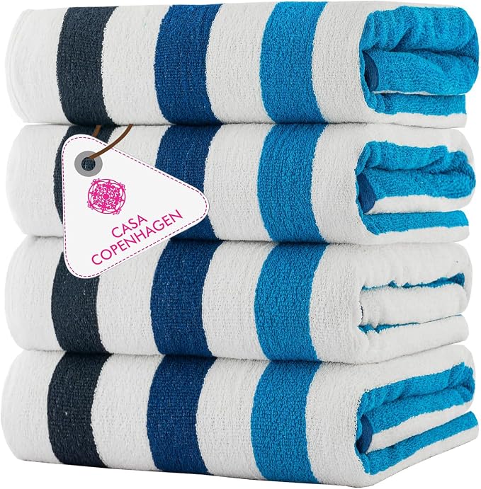 CASA COPENHAGEN Monaco Beach Towels Designed in Denmark Rough and Tough, Quick Dry, for Pool, Bath & Shower 30x60 inches 4 Pieces Cotton Beach Bath Towels Set - Multi Blue