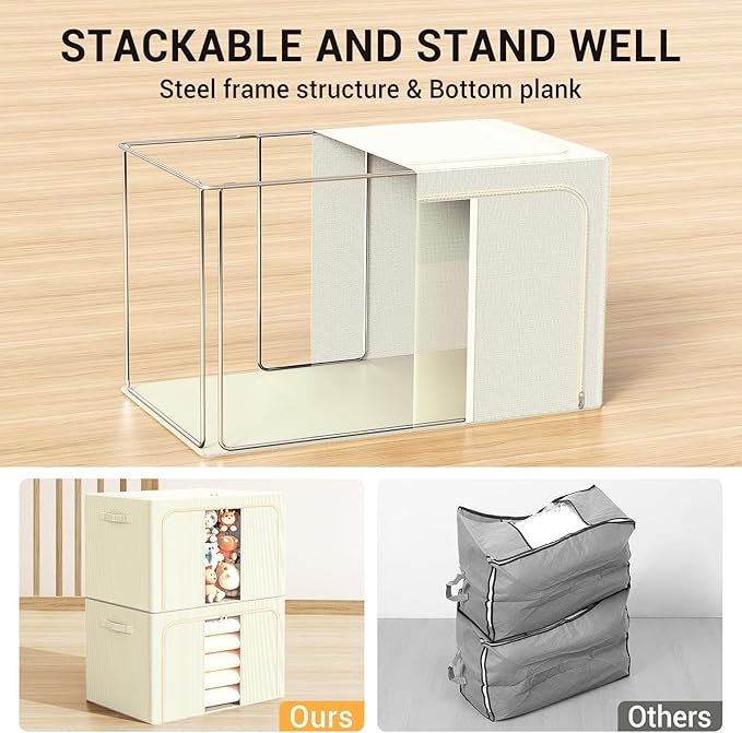 Clothes Storage Bins with Metal Frame, Foldable Clothes Organizers Storage Containers for Clothes, Sheets, Blankets, Pillows and Towels (100L, 3 Pack) Beige