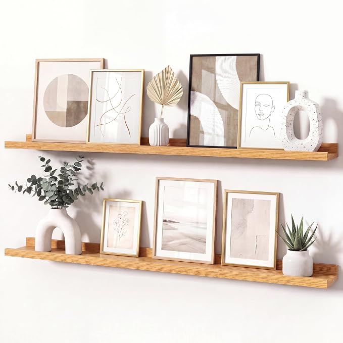 Oak Picture Ledge Shelves for Wall, 4.5" Deep Wood Floating Shelves with Lip for Bedroom, Living Room, 36" Width, Color Oak Set of 2