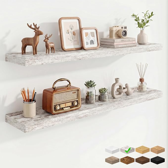 9.25in Depth 48in Floating Shelves, 48x9.25x1.4, Vintage White, Set of 2 | Long Wall Mounted Engineered Wood Shelves with Invisible Brackets for Living Room, Bedroom, Bathroom, Kitchen