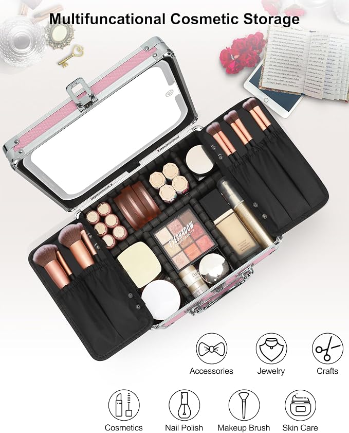 Relavel Makeup Bag with LED Mirror, Cute Makeup Box Travel Train Case with Rechargeable Lighted Mirror, Cosmetic Brush Organizer Storage for Makeup Artists Gifts for Women and Girls, Pink