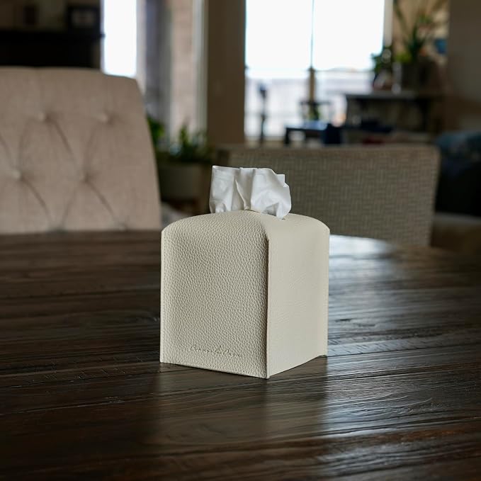 Premium PU Leather Square Tissue Box Holder - Hotel-Style Facial Tissue Box Cover for Bathroom, Bedroom, Office & Home Decor, Cube Tissues Organizer, Classic Look (Beige)
