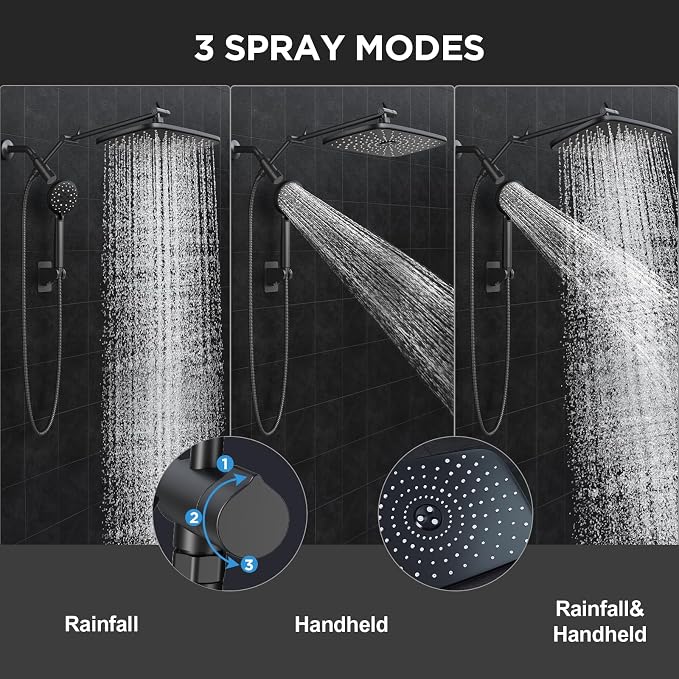 Veken 11.8" High Pressure Shower Head with Handheld, Metal Core Fittings | Handheld Shower Heads with Multi Spray Modes, Rainfall Combo, Detachable Dual Shower, Bathroom Decor, Leak-Proof, Matte Black