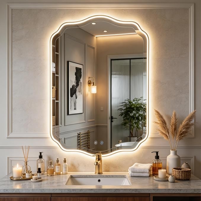 POZINO 36"x24" Scalloped LED Bathroom Mirror with Lights, Black Metal Frame | Beveled Edge, 3 Color Dimmable, Anti-Fog, Memory Function, IP65 Waterproof, Smart Bathroom Vanity Mirror with Front Lights