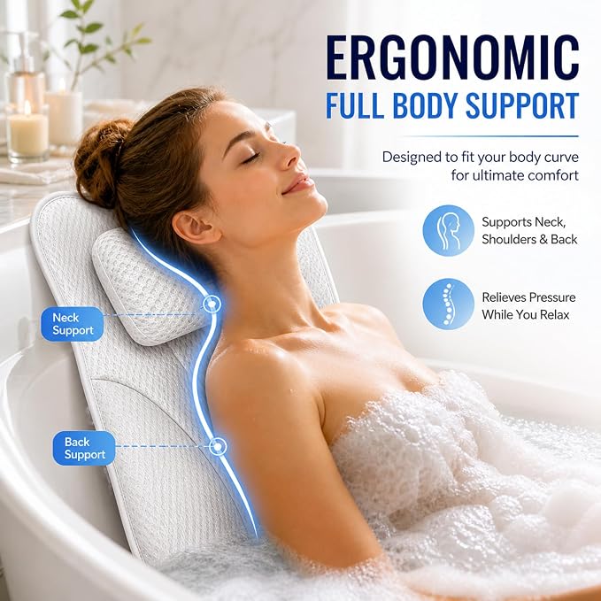 Bath Tub Pillow, Extra Thick Luxury Cushion with Strong Suction Cups for Head, Neck & Back Support, Breathable Spa Pillow for Relaxing Night Bath (White)