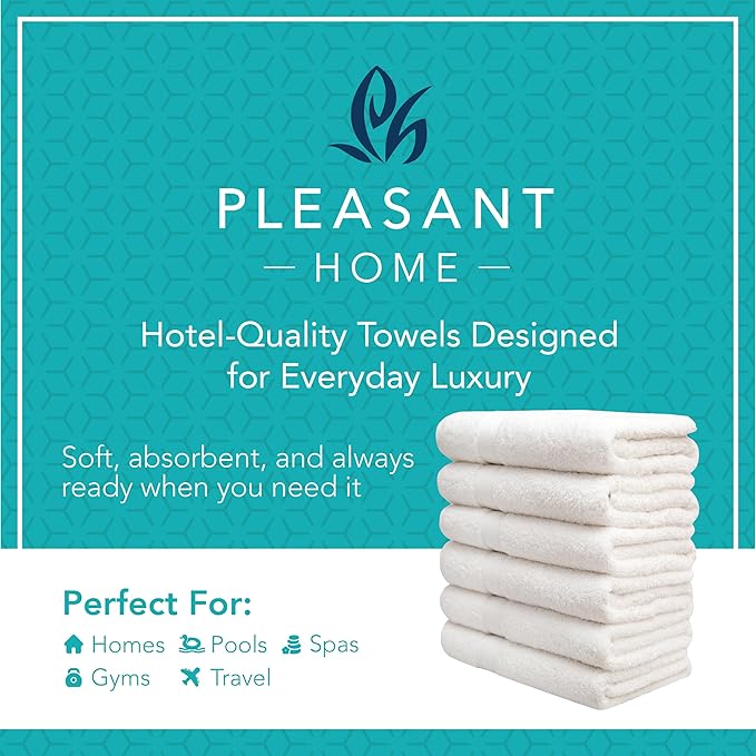 Pleasant Home Bath Towels Set of 6 (24” x 50”) 100% Cotton, White | 515 GSM | Lightweight, Soft & Highly Absorbent Luxury Towels for Bathroom | for Gym, Pool & Spa