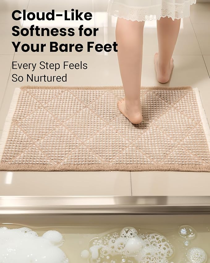 Furicher Waffle Bath Mat Set, Non Slip Bathroom Rugs 2 Piece, Brown & White | Ultra Absorbent Long Bath Rug Runner for Bathroom Boho Chic Decor, Machine Washable Floor Mats, 20"×47" Plus 18"×30"