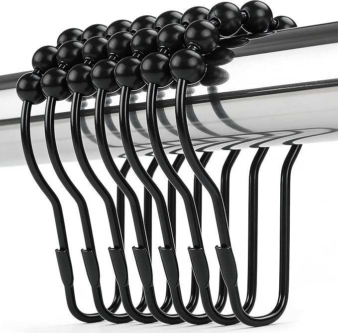 Shower Curtain Hooks Rings, Rustproof Metal Shower Curtain Rings for Bathroom Shower Rods Curtains - Set of 12, Matte Black