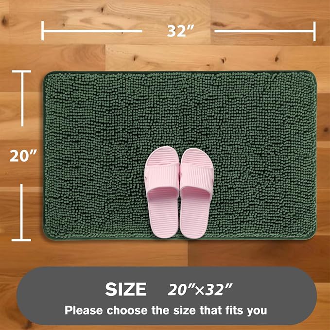 Hunter Green Bathroom Rugs – Absorbent and Washable Bath Mat, Non-Slip, Thick Soft Chenille Bath Rugs for Bathroom Floor, Shower, Sink - 20" x 32"