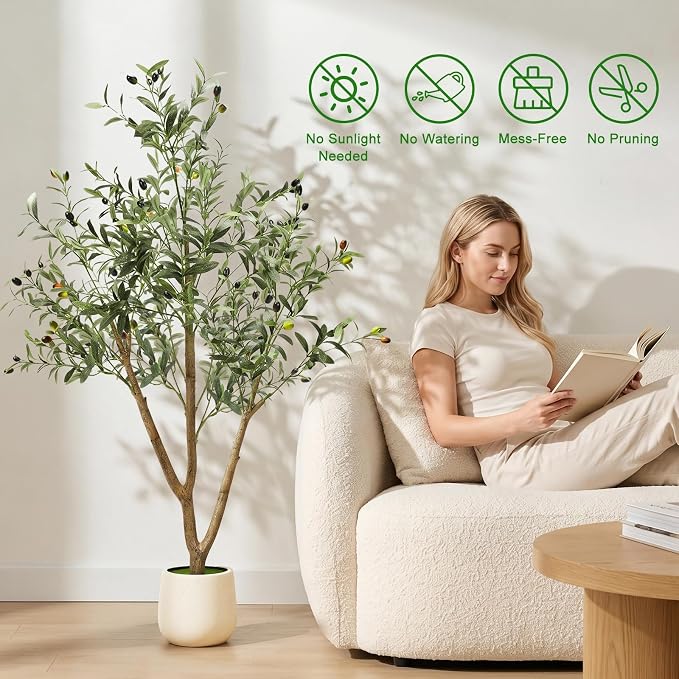 5FT Artificial Olive Tree with Lights & Planter, Realistic Faux Olive Plant | Realistic Silk Olive Tree For Apartments & Home Office Decor, With Lifelike Fruits, Warm Lights, Planter & Space Design