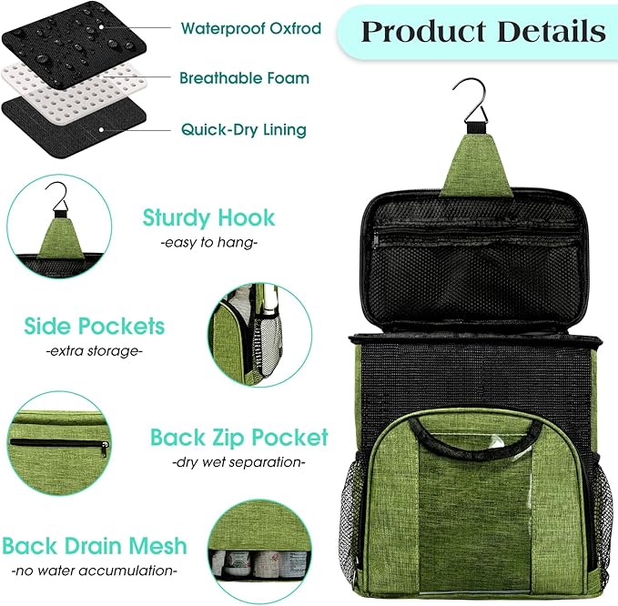 Portable Shower Caddy College Tote Bag, Quick Dry Hanging Toiletry Bag, Large Capacity Mesh Shower Caddy Portable for College Dorm Room Essentials for Boys and Girls for Bath Camping (Green) | Quick Dry, Large Capacity Haning Shower Bag for College Dor...