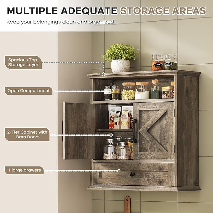 Bathroom Wall Cabinet, Wall Mounted Medicine Cabinet 24.4"H x 23.6"W x 9"D | With Drawer, Barn Doors & Adjustable Shelf, Grey Over Toilet Farmhouse Storage Cabinet for Kitchen, Laundry Room, Entryway
