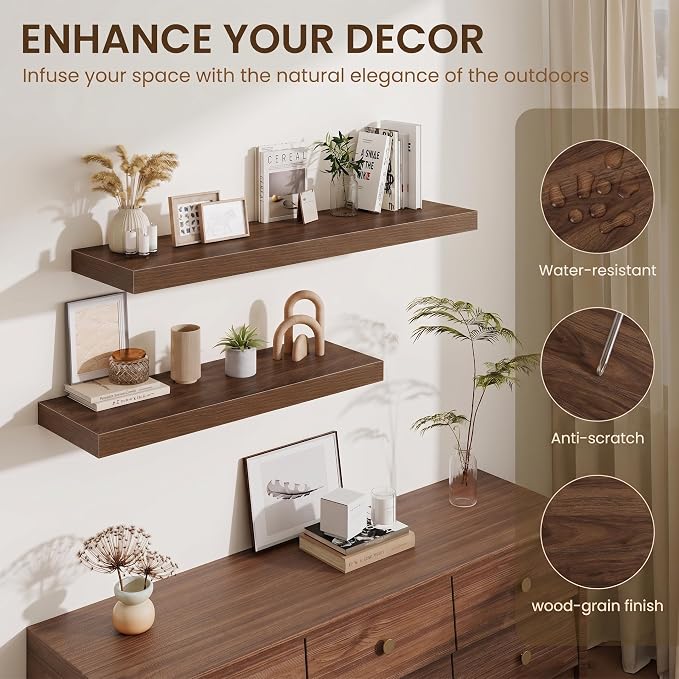 Fun Memories 55 Inch Floating Shelves for Wall - 12 Inch Deep Fireplace Mantel Shelf - Wood Floating Shelf for Wall - Large Storage Shelves Wall Mount for Living Room & Bedroom - Walnut - Set of 2