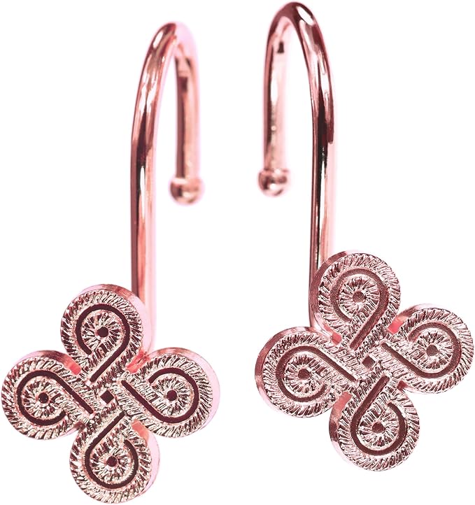 Rose Gold Shower Curtain Hooks: Rust Proof Metal Curtain Rings, 12Pcs | Stylish Clover Knot Decorative Shower Hooks, Elegant Flower Hanging Hangers for Shower Rod, Gift for Modern Bathroom Decor