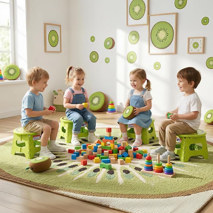 9 Inch Cute Folding Step Stool for Kids, with Handle, Kiwi Green | Foldable Step Stool, Heavy Duty, Lightweight, Non-Slip, for Toddler/Adults, for Kitchen Bathroom Outdoor, Sturdy Collapsible