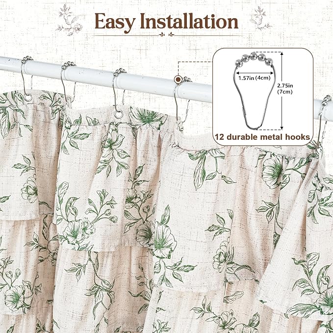 Extra Long Farmhouse Ruffle Shower Curtains with Green Floral, 72"Wx84"L | French Country Vintage Rustic Washable Waterproof Shower Curtain for Bathroom Bathtub, 12 Metal Hooks