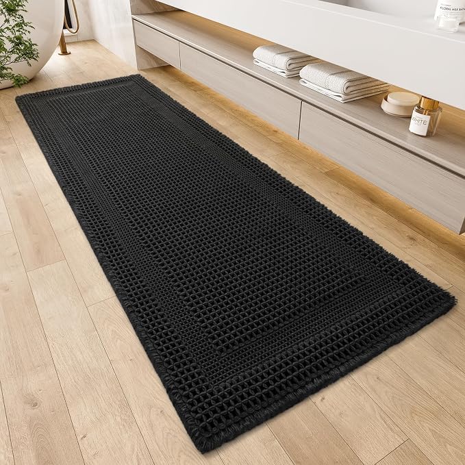 AMOAMI Waffle Bath-Mat, Absorbent Bath Mats for Bathroom Non Slip, Machine Washable Bathroom Rugs with Tassels Ultra Soft Boho Bath Rugs for Floor 2'x6'(24"x72") Black