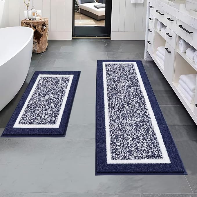 Pauwer Bathroom Rugs Sets 2 Piece, Non Slip Washable Bath Mat, Navy | Soft Plush Microfiber, Super Absorbent Floor Carpet, Quick Dry, Shaggy Shower Rug Runner