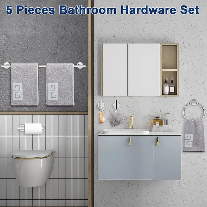 NearMoon 5 Pieces Bathroom Hardware Set SUS304 Thicken Stainless Steel-Towel Rack Kit Include 24" Towel Rod + Bath Towel Ring + Toilet Paper Holder + Robe Towel Hooks Bath Accessories (Chrome Finish)