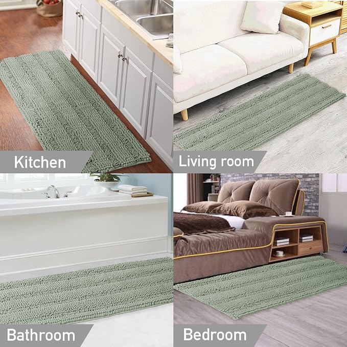 Turquoize Non Slip Shaggy Chenille Microfibers Bathroom Rug Sage Bathroom Mat Extra Long Bath Rug 59 x 20 Kitchen Rugs and Mats, Super Water Absorbent & Soft Washable Bath Rug for Kitchen, Sage