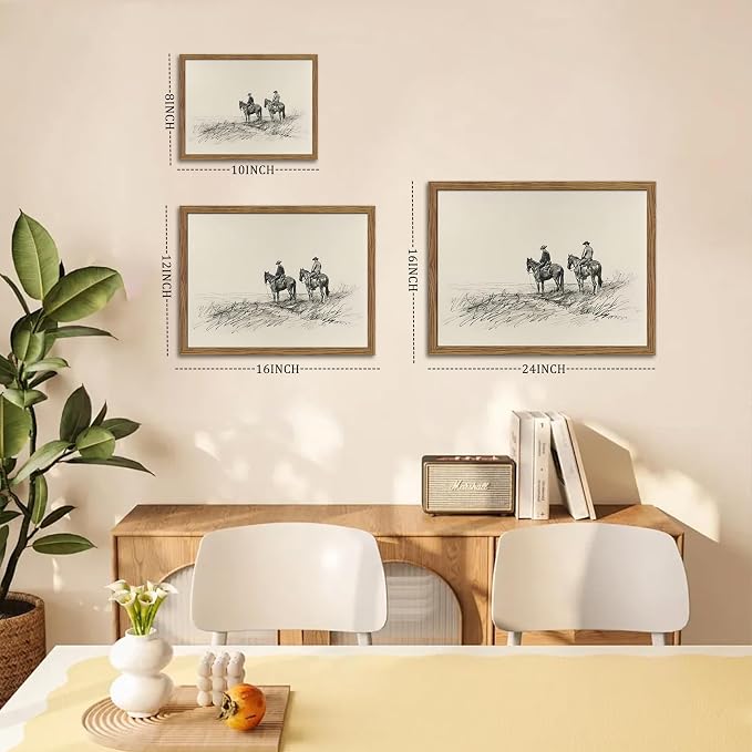 Framed Western Wall Art, Cowboys on Horses Sketch Picture Print, Western Wall Decor, Vintage Country Farmhouse Western Cowboys Canvas for Living Room Bedroom Home 8x10 inch