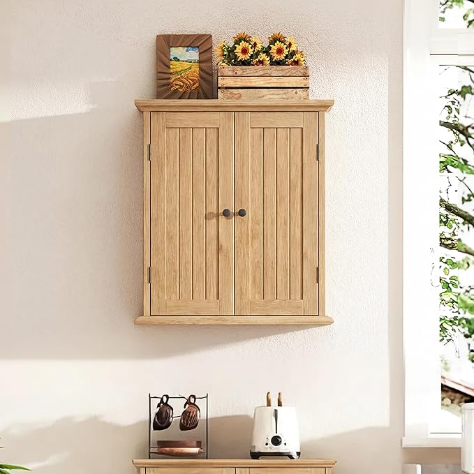 ChooChoo Bathroom Wall Cabinet with 2 Doors, Over The Toilet | 8.8"D x 21.1"W x 24"H, Medicine Cabinet, Adjustable Shelves, Cupboard, Natural