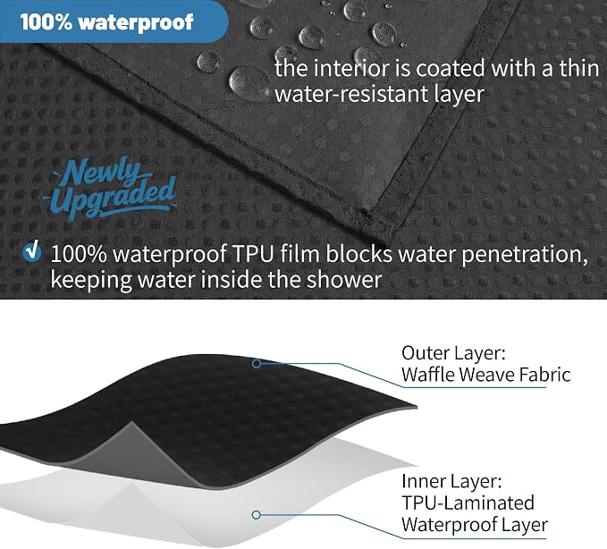 2-in-1 Waterproof Fabric Shower Curtain - No Separate Liner Needed, Hotel-Style Waffle Weave, Effortless Cleaning & Washable Bathroom Shower Curtain Set,72Wx84H,Black