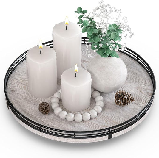 AMH 13-Inch Rustic Whitewashed Oak Lazy Susan Vanity Tray | Smooth rotating oak tray with walnut finish for dining tables, kitchen counters, pantries and cabinet storage.
